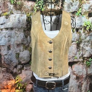 🎽 Nockstein Trachten Trad Suede Button-Up Vest w/Edelweiß — Tan — Sz 40 / Q